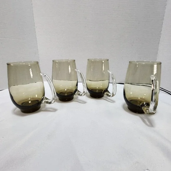 Vintage 1970's 1980's Smoked glasses Libbey Tempo Mug Clear Handle Set of 4 - Picture 3 of 7